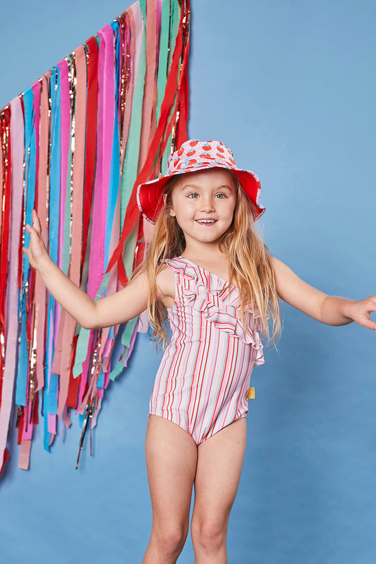 Kids Wide Brim Bucket Hat | Strawberry & Red | Full UV Coverage