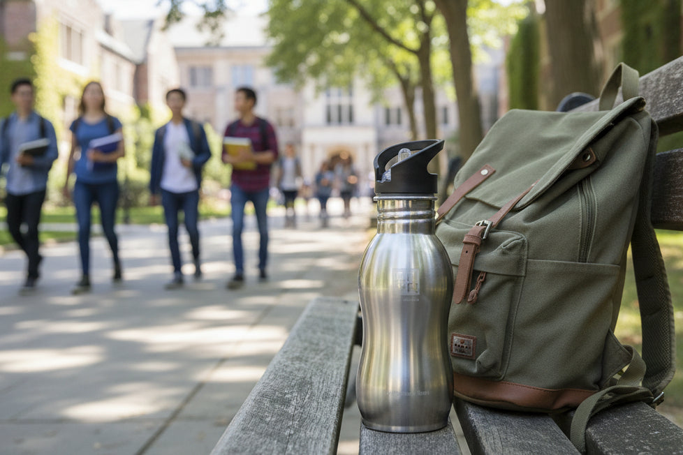 An ONYA, 500ml, stainless steel, BPA and aluminium free, durable drink bottle on a bench next to a backpack at a university. Stainless steel variant