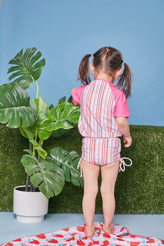 Kids Short Sleeve Rash Vest | Gelato Stripe Pink | UPF 50+ Recycled Fabric