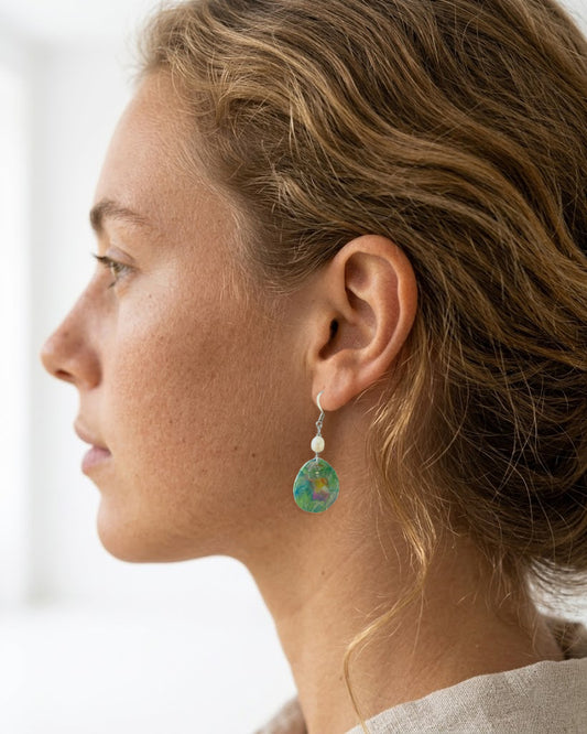 Drop Dangle Earrings with Pearls │ Recycled Bottle Caps │ Freshwater Pearls