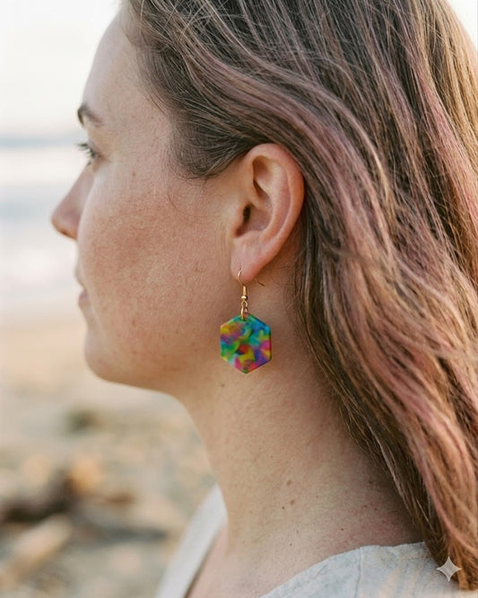 Hexagon Dangle Earrings│Recycled Bottle Caps│Blue Multi