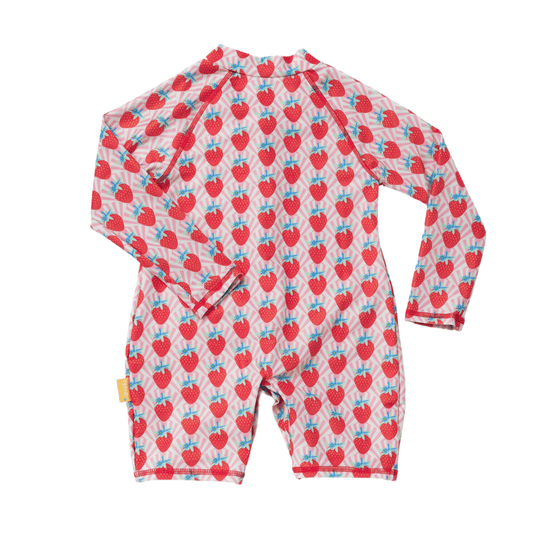 Rear view of the kids one piece strawberry swimsuit showing complete leg, arm, and shoulder UV protection.