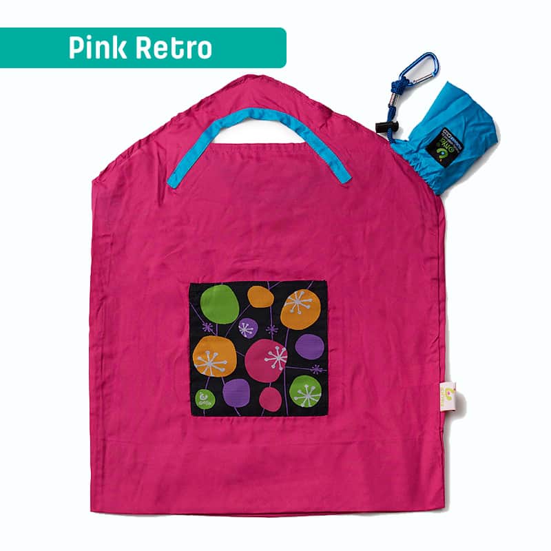 Pink retro small variant ONYA heavy duty reusable shopping bag made from 100% rPET, two sizes, built in shoulder strap and carry loops. Fully recyclable at end of life.