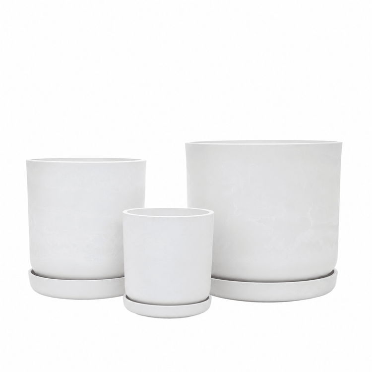 Coordinated Portland large set of three statement recycled plastic plant pots with matching saucers on a clean white background, available in Australia. White Stone shown.
