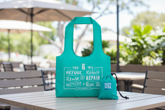 Aqua Tote bag and carry pouch sitting on a cafe table