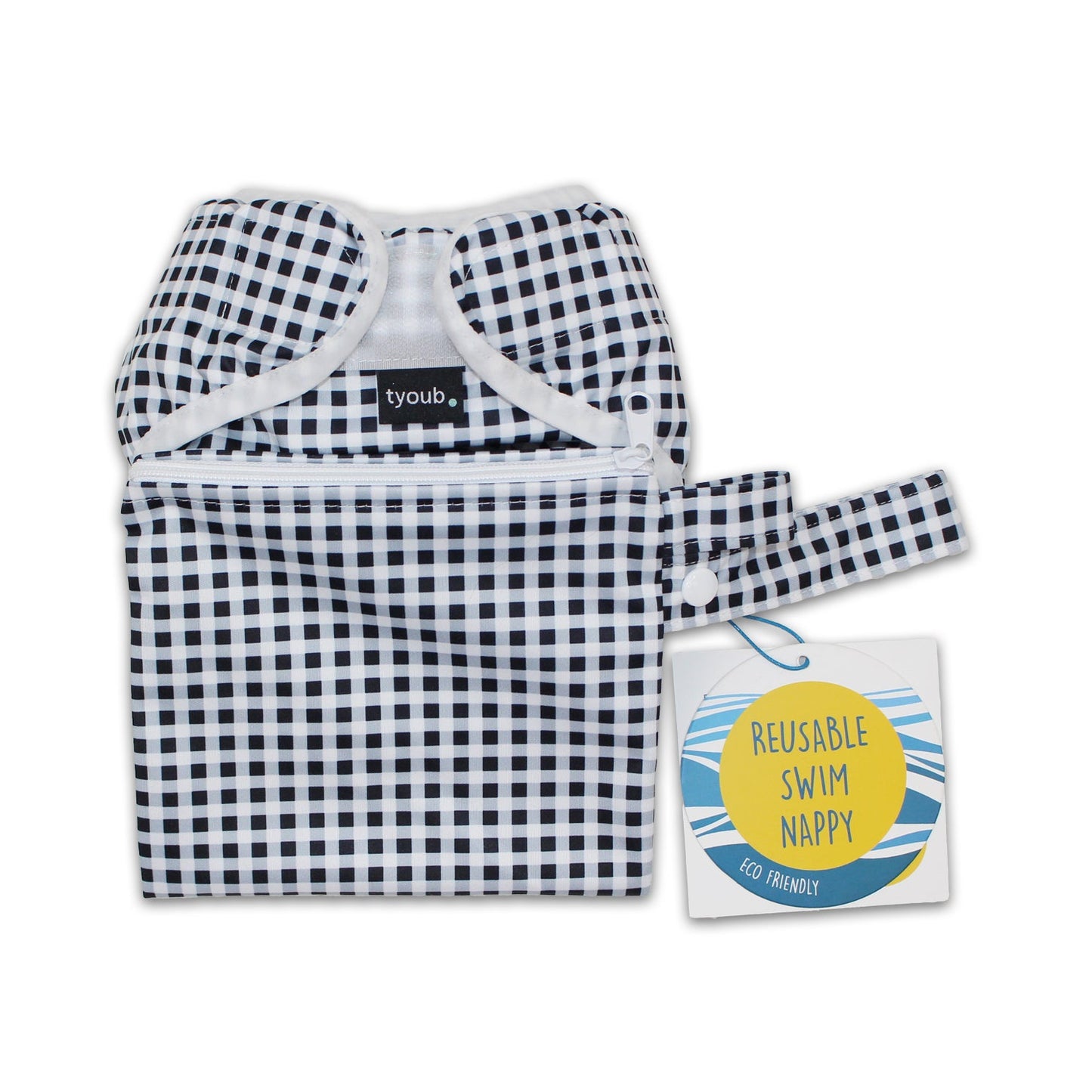 On The Go Gift Set - Reusable Swim Nappy, Wet Bag and Baby Bib - Black Gingham