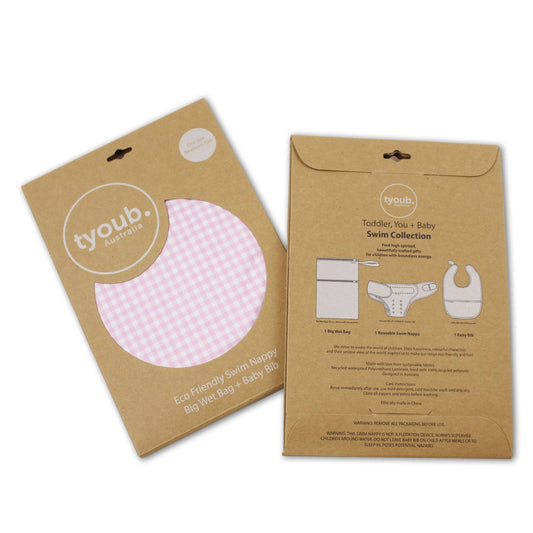 On The Go Gift Set - Reusable Swim Nappy, Wet Bag and Baby Bib - Pink Gingham
