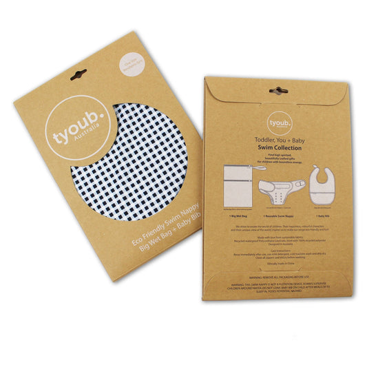 On The Go Gift Set - Reusable Swim Nappy, Wet Bag and Baby Bib - Black Gingham