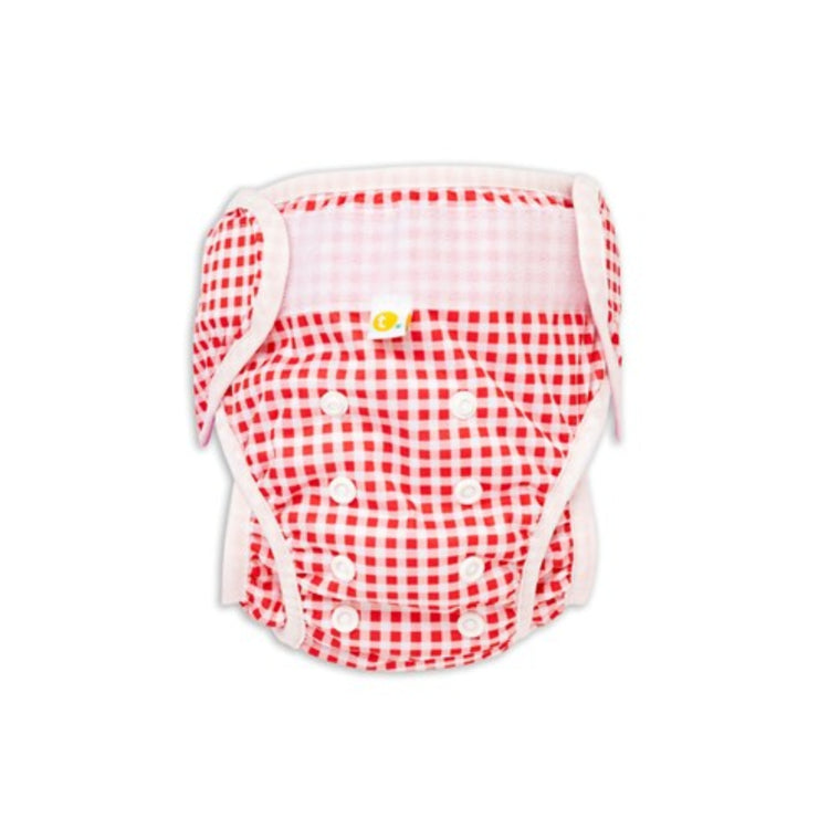 A reusable diaper with a red and white gingham check pattern, white trim, and white snap closures, shown against a plain white background.