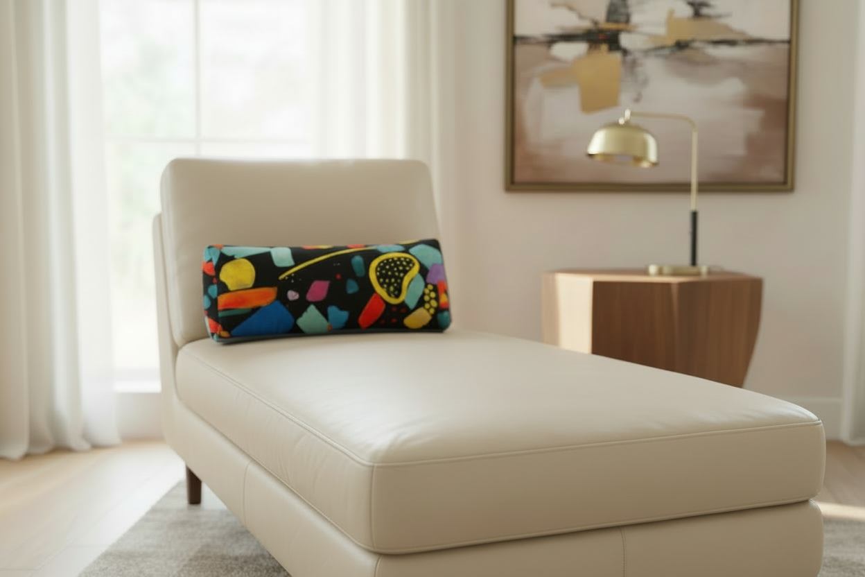 White leather lounge wwith a Wild Mingo Wild One recycled microsuede bolster