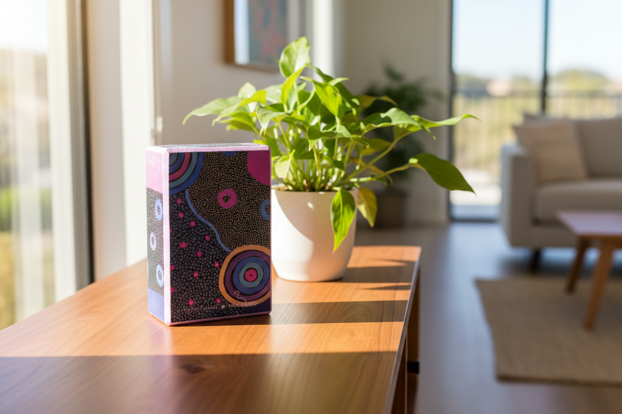 Wild Mingo Oorunye 100% recycled EVA foam yoga block sitting on a benchtop in a living room near a pot plant