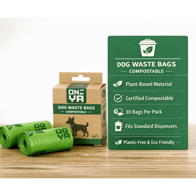 Infographic outlining Onya dog waste bags certified to international compostable standards, 100 percent free from GMOs, petrochemicals, and palm oil.