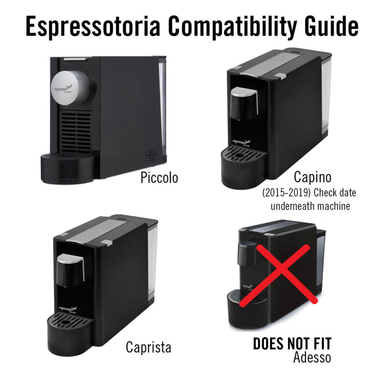 Official compatibility infographic showing which Espressotoria home espresso machine models are suitable for Pod Star stainless steel refillable capsules.