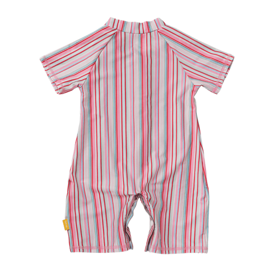 Back view of infant UPF 50 plus zip up swimsuit made from eco friendly recycled polyester fabric in gelato.