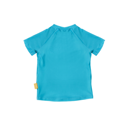 Rear view of the kids aqua rashie showing complete upper body coverage and smooth flatlock stitching.