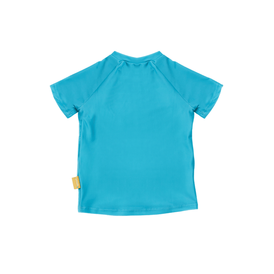 Rear view of the kids aqua rashie showing complete upper body coverage and smooth flatlock stitching.