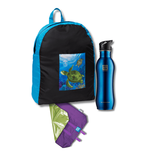 Onya reusable everyday kit featuring a colour matched foldable backpack, a 1000ml stainless steel drink bottle, and a reusable sandwich wrap on a clean white background, available in Australia everyday black variant.