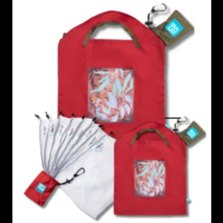 Onya everyday shopping kit featuring one large bag, one small bag, and an eight pack of mesh produce bags made from recycled drink bottles, available in Australia in red.