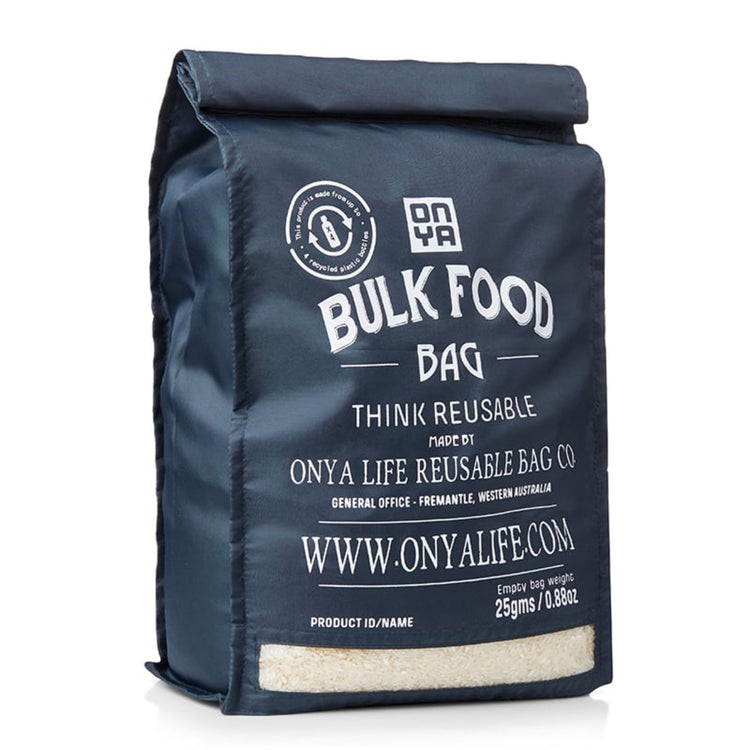 Single Onya large reusable bulk food bag with a clear viewing window and printed tare weight on a clean white background, available in Australia in charcoal variant.