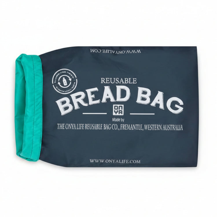 Single Onya reusable bread bag with an adjustable roll and clip closure mechanism on a clean white background, available in Australia charcoal variant.