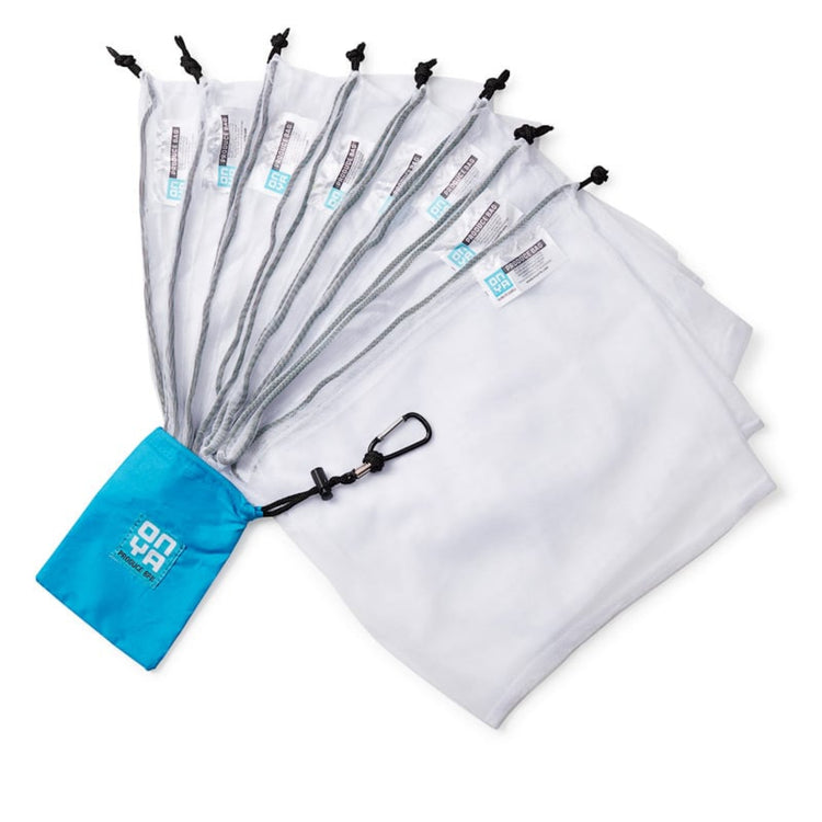 A set of ONYA reusable mesh produce bags, 100% rPET, see through mesh with draw string closure with small carry pouch in turquoise colour.