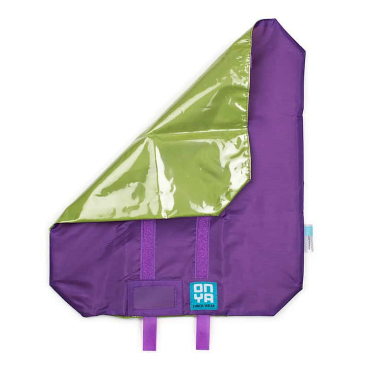 Single Onya reusable sandwich wrap neatly folded with hook and loop fastening straps on a clean white background, available in Australia, purple variant.