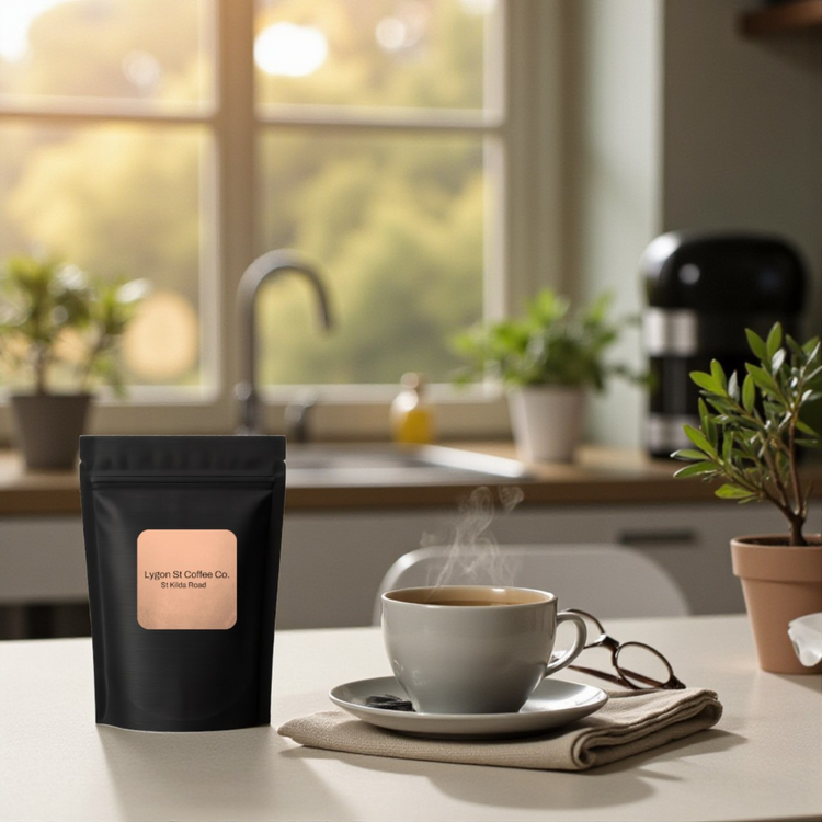 A 200g bag of freshly roasted St Kilda Rd blend coffee ground specifically for reusable capsule use, included in the kit.