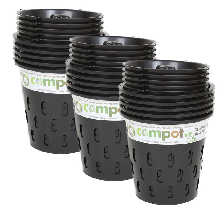 Pack of 15 Compot 5L in-ground compost bins made from recycled plastic with secure locking lids for garden waste breakdown.