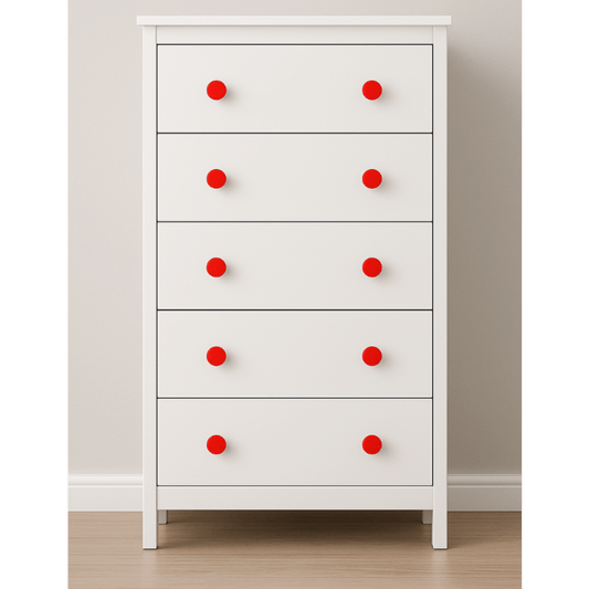 Upcycler round recycled plastic knobs installed on a modern renovated timber chest of drawers for a sustainable interior design update.