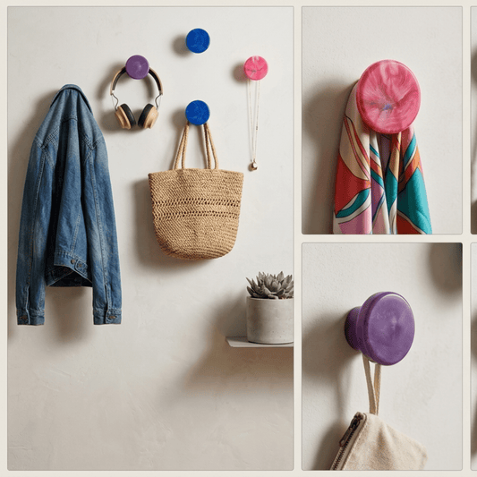 Upcycler round recycled plastic wall hooks mounted on a wall holding coats, scarves and bags for a sustainable home entry organization.