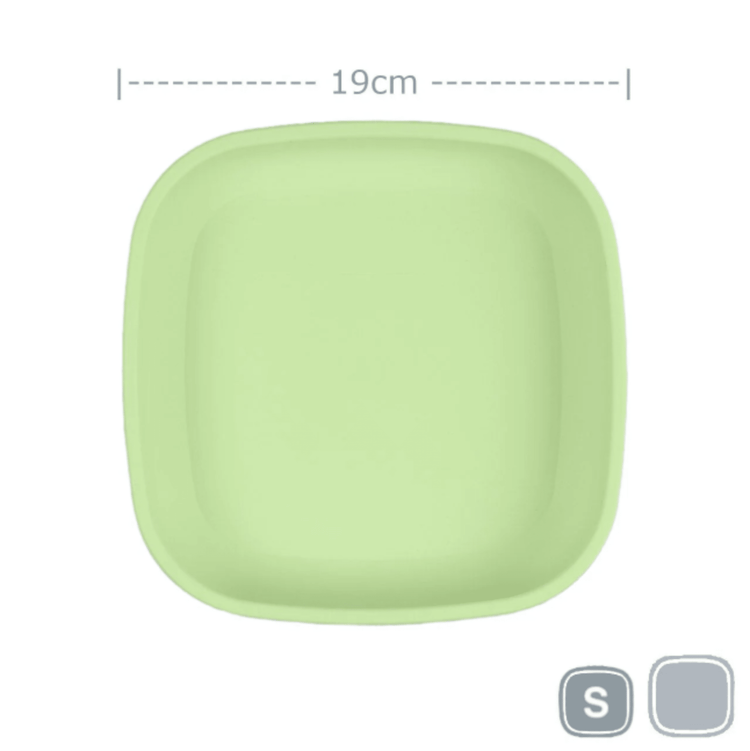 Single Re-Play recycled plastic open flat toddler plate with deep walls on a clean white background, available in Australia in leaf.