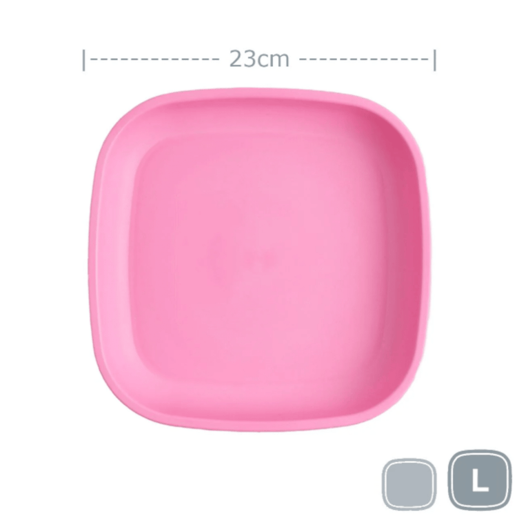 Single Re-Play recycled plastic large flat dinner plate with deep rim edges on a clean white background, available in Australia in bright pink.