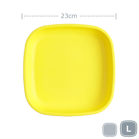 Single Re-Play recycled plastic large flat dinner plate with deep rim edges on a clean white background, available in Australia in Yellow.