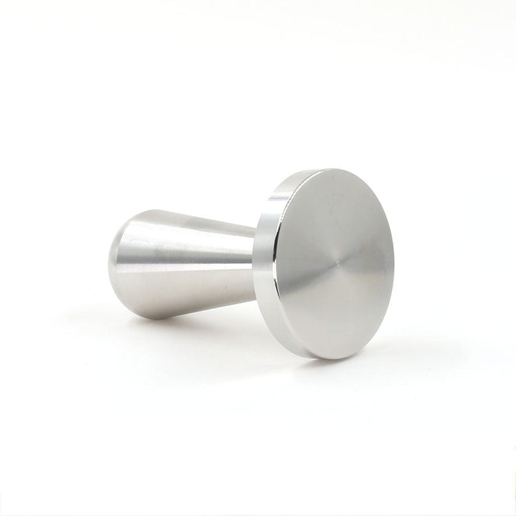 Durable stainless steel espresso packing tool displaying its flat tamping base and ergonomic handle on a white background.