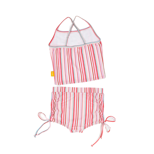 Girls two piece ruffle bikini in a pastel gelato stripe pattern showing the straps and back view.