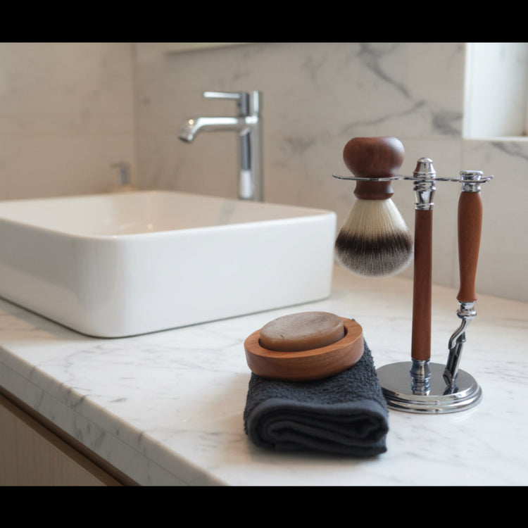 The ultimate 6-piece men's grooming kit featuring a recycled timber Gillette Mach III razor, shave brush, display stand, soap dish, Australian shave soap, and face washer in a bathroom next to a white basin on a marble countertop.