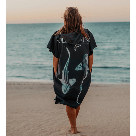 Will and Wind Leopards Yin Yang adult hooded poncho towel back view. Premium eco friendly rPET microfiber surf changing robe, Australia wide.