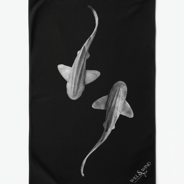 Will & Wind Leopards Yin Yang artistic print towel. Sustainable sand free compact travel and beach towel, Australia wide.