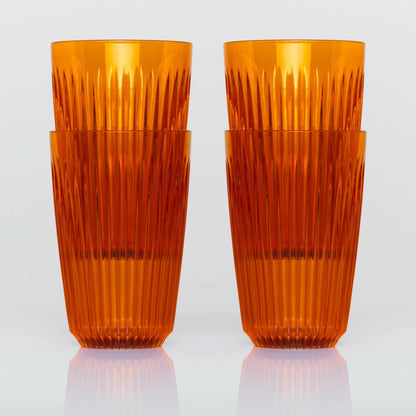 Large 12oz HuskeeRenew translucent reusable coffee cup featuring the signature vertical ribbed design made from high-performance recycled polymer in amber 4 pack.