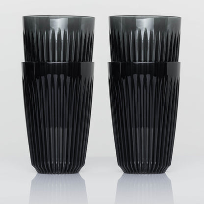 Large 12oz HuskeeRenew translucent reusable coffee cup featuring the signature vertical ribbed design made from high-performance recycled polymer in smoke 4 pack.
