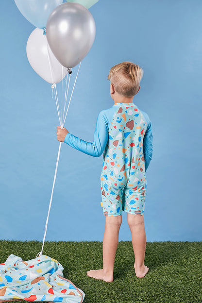 Kids Long Sleeve Sunsuit | Ocean Glass Aqua Green | Recycled Fabric | UPF 50+ Knee Length