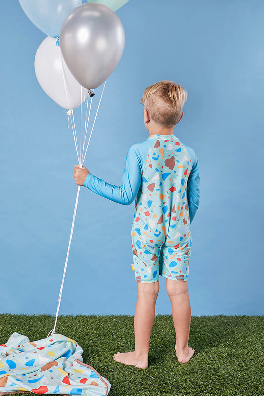 Kids Long Sleeve Sunsuit | Ocean Glass Aqua Green | Recycled Fabric | UPF 50+ Knee Length