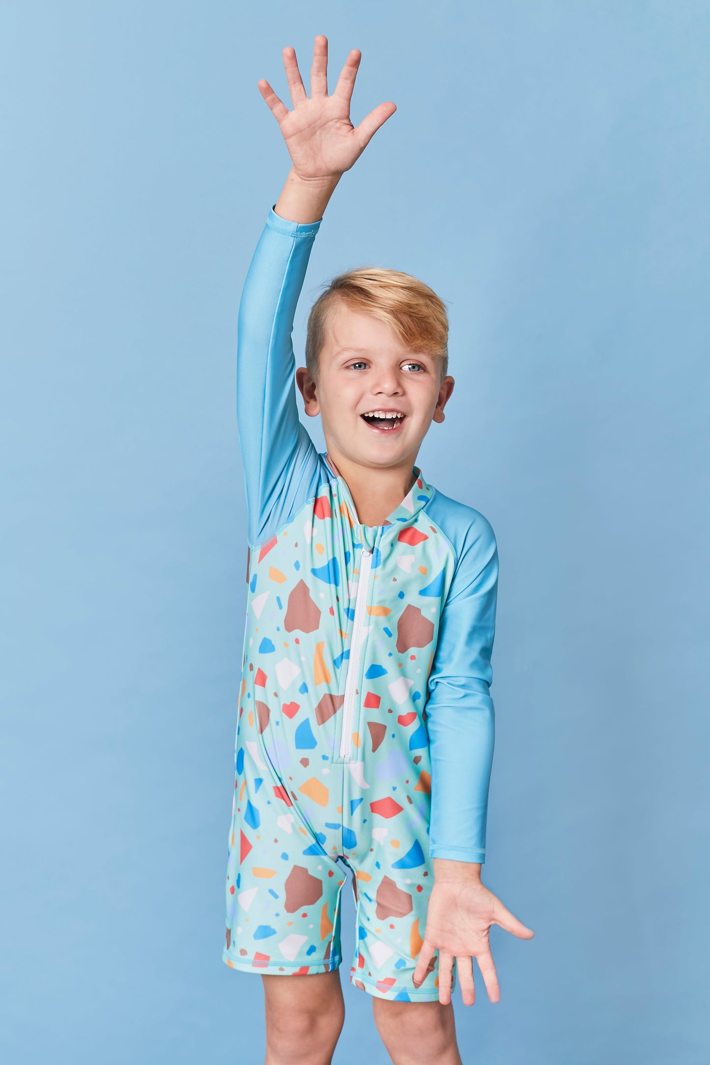 Kids Long Sleeve Sunsuit | Ocean Glass Aqua Green | Recycled Fabric | UPF 50+ Knee Length