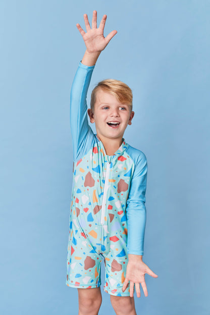 Kids Long Sleeve Sunsuit | Ocean Glass Aqua Green | Recycled Fabric | UPF 50+ Knee Length