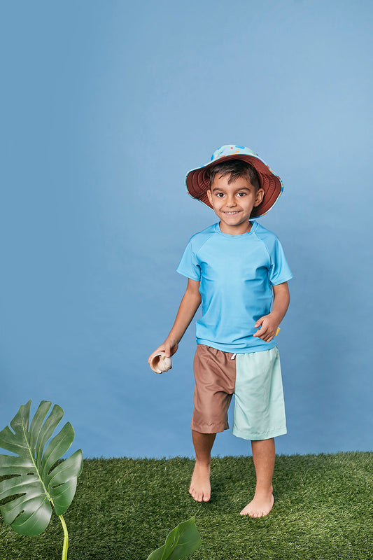 Kids Board Shorts | Mint & Brown | Recycled Polyester | UPF Protected