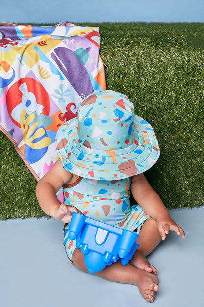 Kids Wide Brim Bucket Hat | Ocean Glass Green & Brown | Full UV Coverage