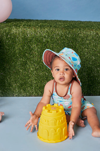 Kids Wide Brim Bucket Hat | Ocean Glass Green & Brown | Full UV Coverage