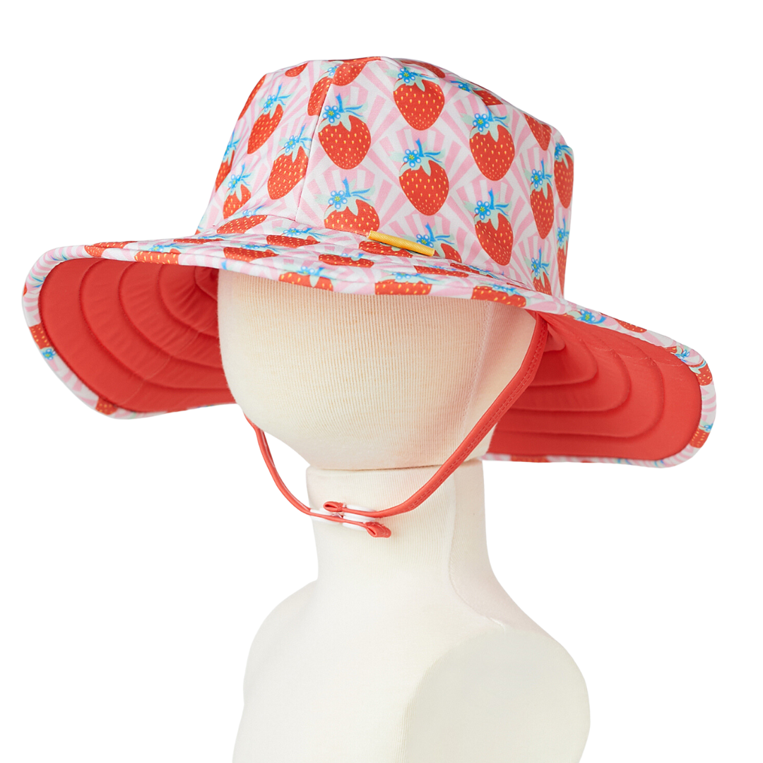 Kids Wide Brim Bucket Hat | Strawberry & Red | Full UV Coverage