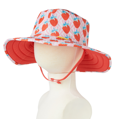 Kids Wide Brim Bucket Hat | Strawberry & Red | Full UV Coverage