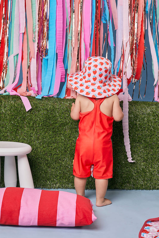 Kids Wide Brim Bucket Hat | Strawberry & Red | Full UV Coverage